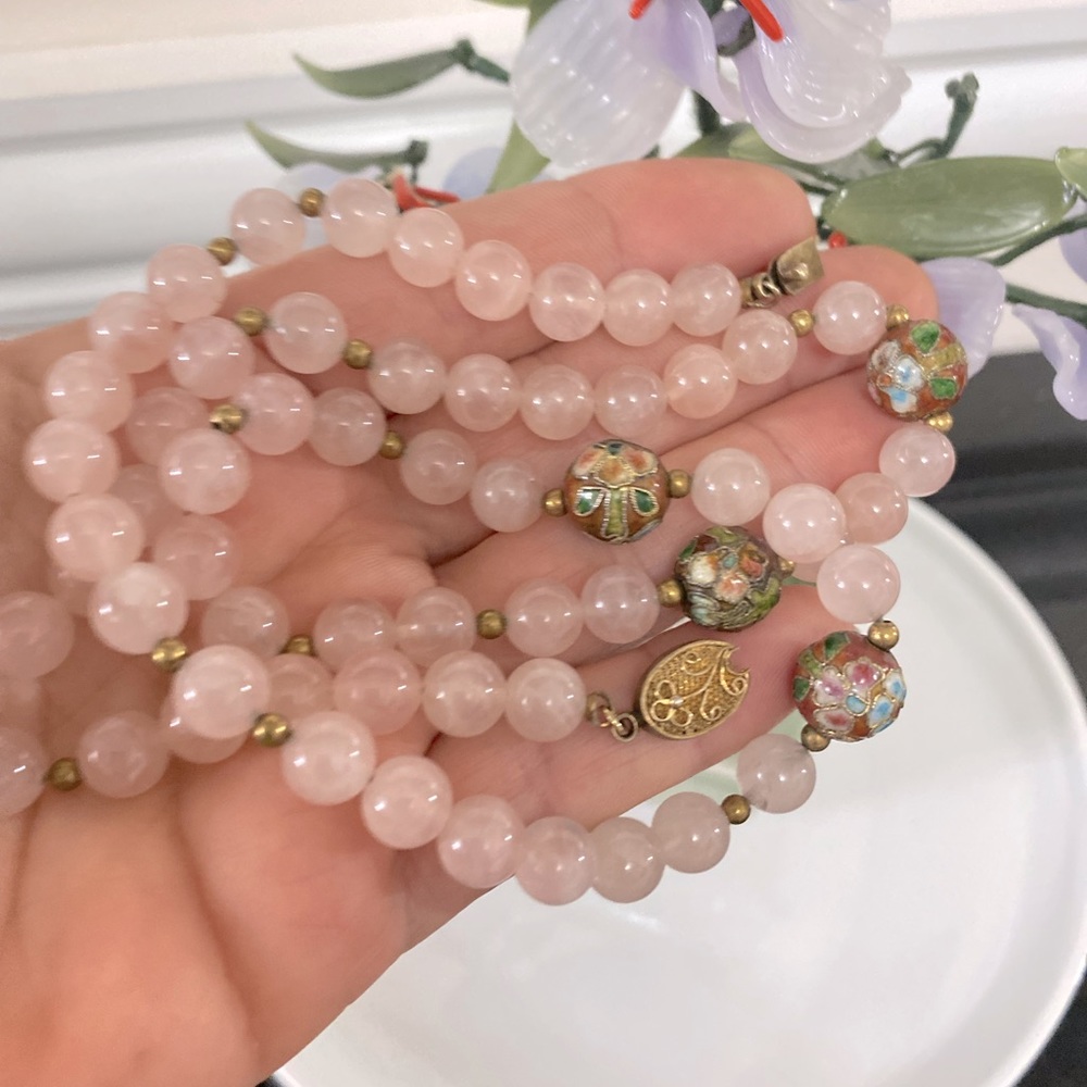 Vintage Rose Pink Quartz Cloisonne Round Bead